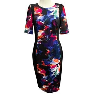 Maggy‎ London Sheath Dress Womens 6 Black Multi Abstract Colorful Modern Chic